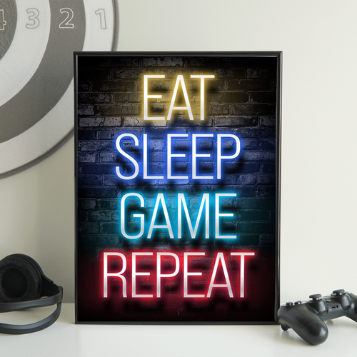 Game-01 Eat Sleep Game Repeat Neon Game Poster Wall Art Gaming Room