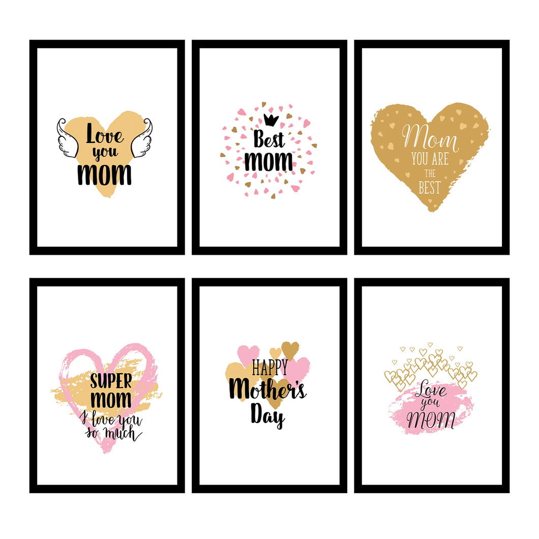 Set of 6 Happy Mother's Day Gift Best Mum Nanny Art Prints Room Posters Freestyle Hand Drawn 8 x 10 inches