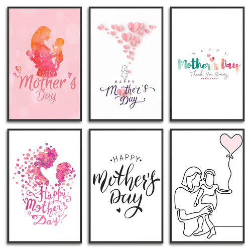 Set of 6 Mother's Day Event Posters, Best Mother's Day Gift Home Wall Art Decors Freestyle Hand Drawn 8 x 10 inches 330GSM Poster Paper for Living Room Bedroom